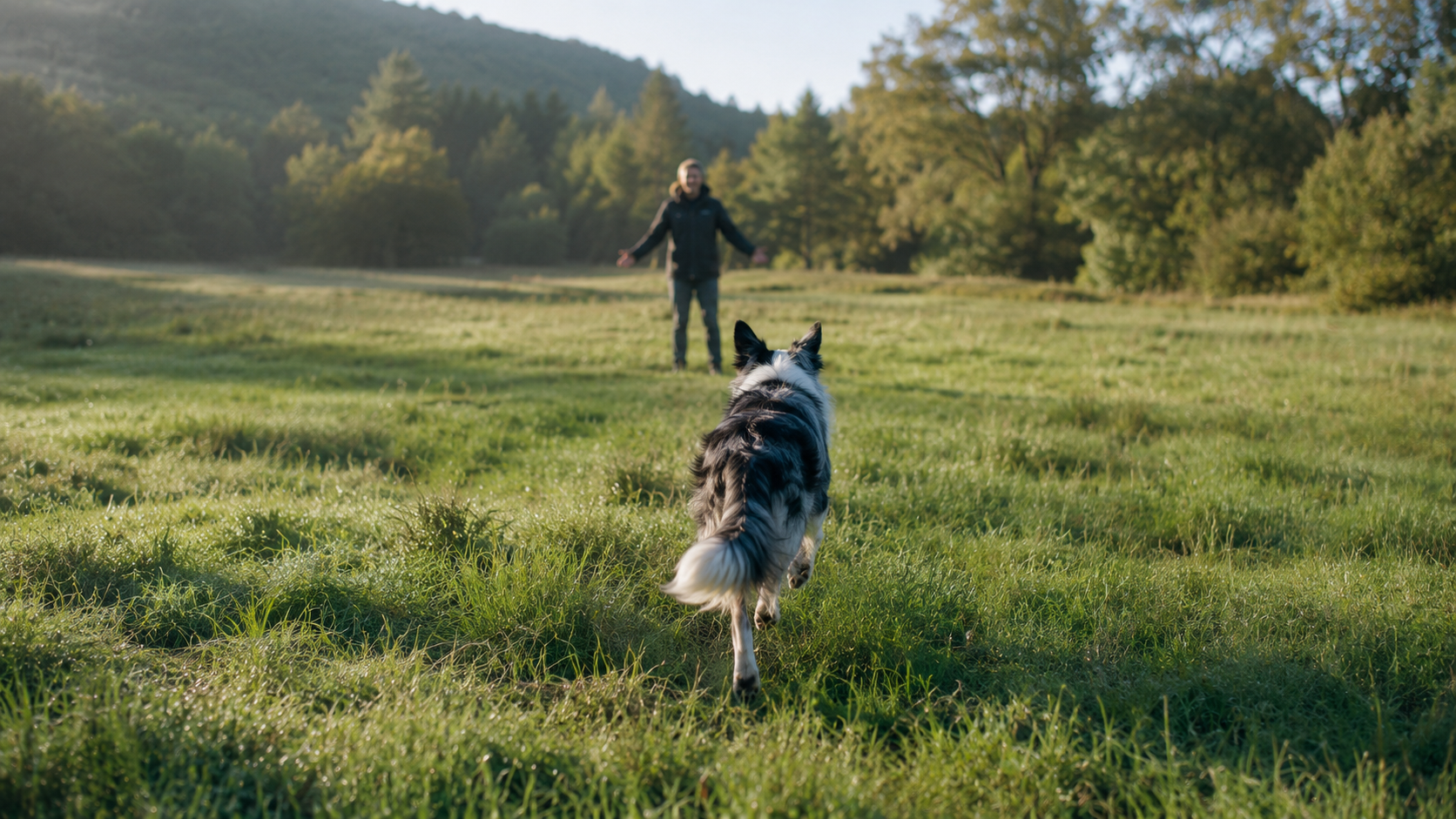 A dog running back to its owner during dog recall training in an open meadow.
