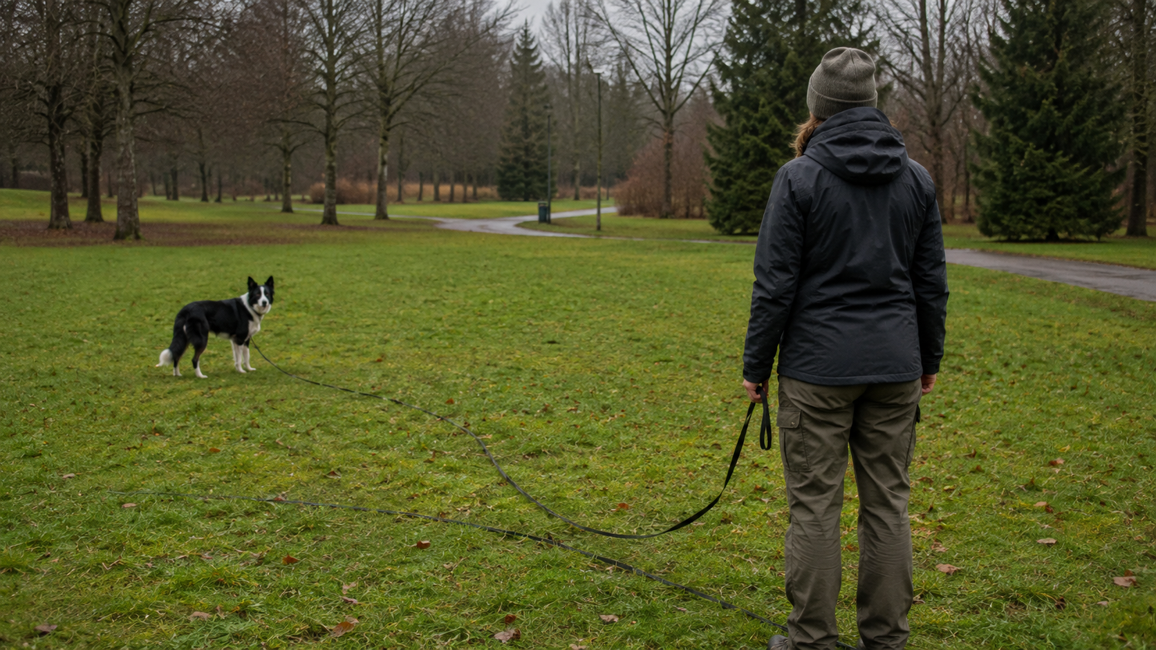 A dog responding to a recall cue while practising safely with a long training line.