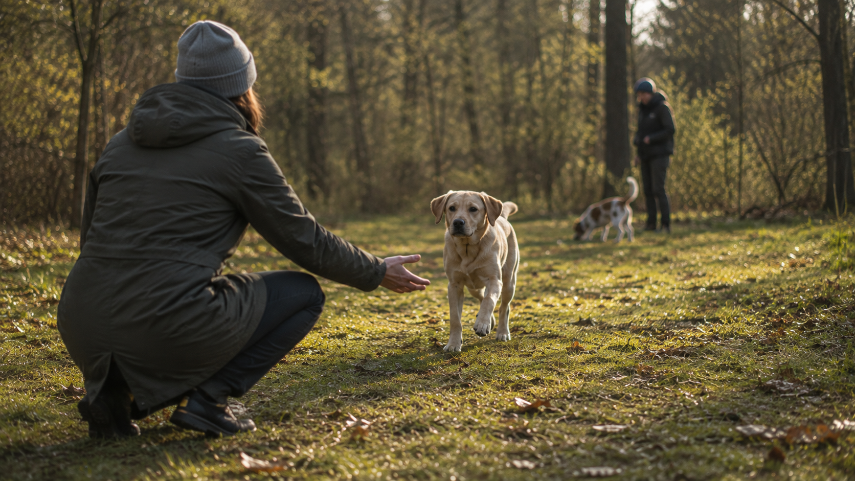 A dog returning to its owner despite another dog creating a strong distraction nearby.